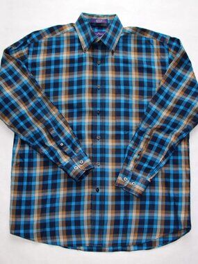 ALAN FLUSSER Blue, Brown, & Tan Dress Shirt 100% Cotton Size M